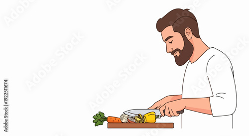 Bearded man cooking vegetables with knife on wooden cutting board, preparing ingredients for meal. Man cooking vegetables demonstrates healthy food preparation.