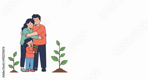 Family planting tree, loving parents embracing child holding small potted plant, green seedlings growing from rich earth. Sustainable family planting tree together,