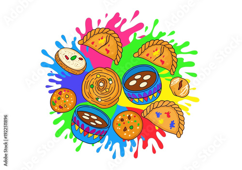 Assortment of colorful Indian sweets and snacks against bright color splashes