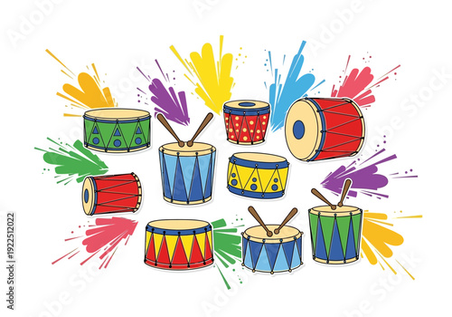 Colorful cartoon drums scattered against a white background with abstract bursts