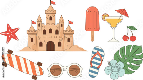 Summer Vacation Vector Set with Sandcastle Tropical Cocktail Hibiscus Flower Sunglasses and Skateboard Isolated on White Background