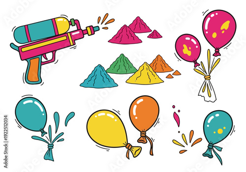 Colorful illustration featuring a water gun powder piles and balloons for Holi celebration