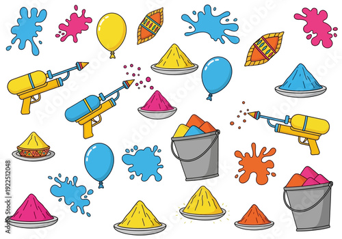 Colorful Holi festival supplies including water guns powder mounds balloons and splashes
