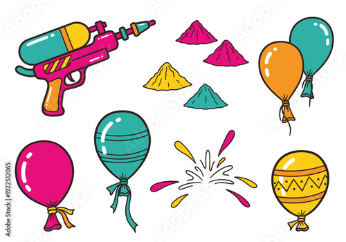 Colorful illustration of Holi festival items water gun colored powder piles and balloons