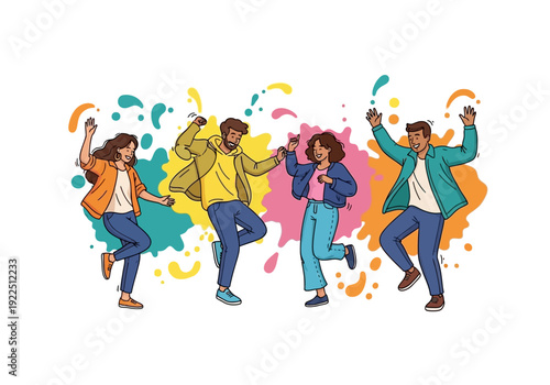 Four people dancing joyfully amidst colorful paint splashes