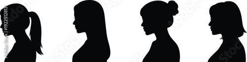 Female head profile silhouettes set, woman side view portraits isolated on white background showcasing hairstyle variation beauty identity concept
