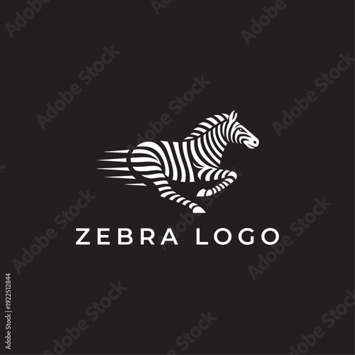 Creative white zebra logo vector illustration showing a fast running animal with stylized motion stripes isolated on black background for wild nature branding identity design