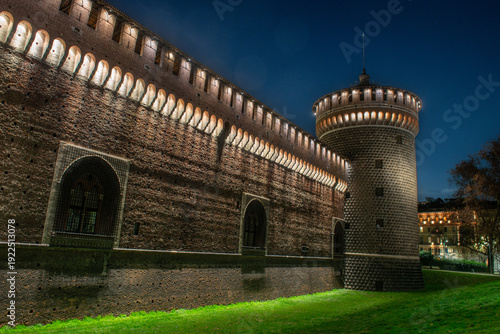 Night shot of the majestic illuminated Sforza Castle, a historic symbol of Milan.