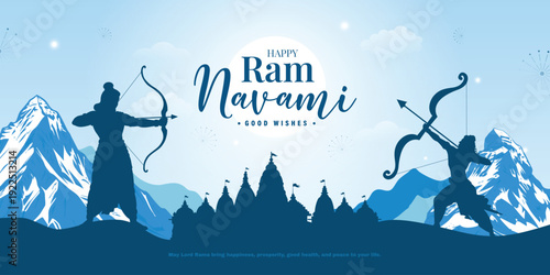 Ram Navami Celebration Banner: A Rama bow silhouette figures of archers against a backdrop of mountains and a temple, festival, greeting templates.