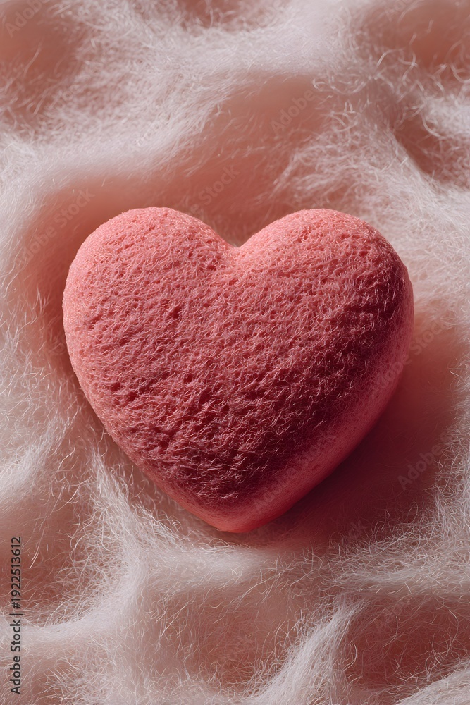 Fototapeta premium Pink Heart Shape Object on Soft Fluffy Background - Valentine's Day Concept