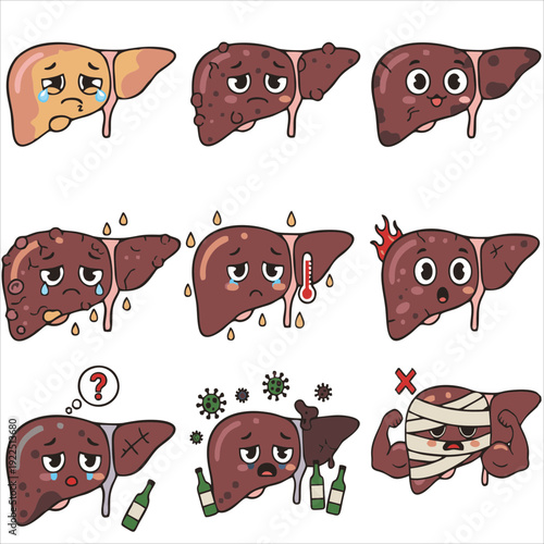 Set of unhealthy liver cartoon characters showing disease symptoms like cirrhosis, inflammation, and alcohol damage. Vector illustration for medical education and healthcare awareness.