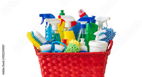 A vibrant red basket filled with an assortment of colorful cleaning supplies.