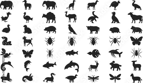 Large animal silhouettes collection, wild farm sea creatures birds and insects isolated on white background vector set