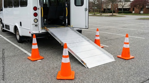 White paratransit bus deploying a metallic wheelchair ramp for accessibility, surrounded by orange safety cones in an empty parking lot, representing inclusive transportation services