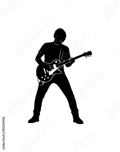 Black silhouette rock musician, electric guitar player, music icon, vector illustration