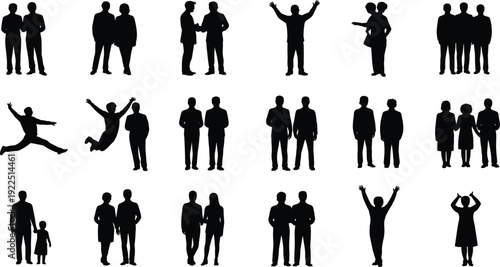 Human silhouettes collection, people interaction poses, family figures, teamwork gestures, expressive movements, lifestyle design, vector illustration, stock art