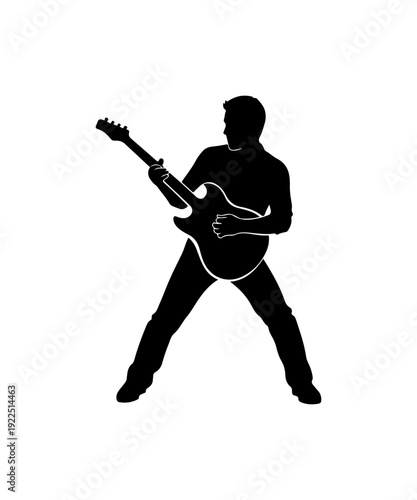 Black silhouette of a man playing electric guitar, rock music icon, musician vector, guitar player