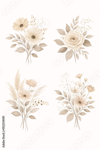 Elegant neutral botanical floral set with beige roses and wildflowers, soft watercolor illustration in minimalist aesthetic for wedding invitations and wall art design.