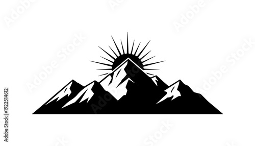 Black mountain landscape silhouette, sunrise vector icon, monochrome mountain range, scenic outdoor symbol