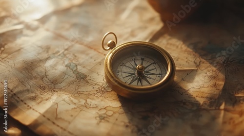 Antique compass on aged map, warm light