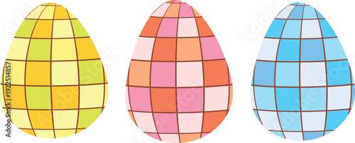 3 Disco easter eggs  elements collection set  in orange, red and blue . For easter print, decorations greeting cards and postcards