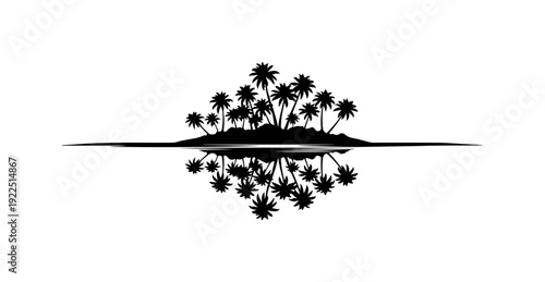Serene tropical island with palm trees reflected in calm water