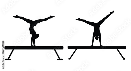 Gymnasts performing handstands on balance beams a striking silhouette