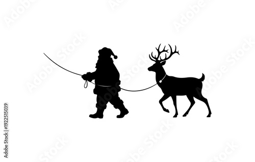 Santa Claus leading reindeer with rope in hand