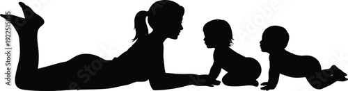 Mother and babies silhouette illustration, happy family bonding isolated on white background showing love care parenting and early childhood development