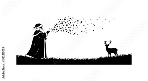 Mystic woman blowing magic dust towards curious deer in serene landscape