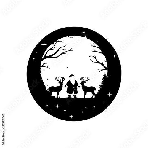 Magical winter scene with people and reindeer under starry night sky