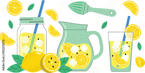 Fresh Homemade Lemonade with Lemon Slices Ice Cubes and Juicer Summer Drink Vector Illustration Set