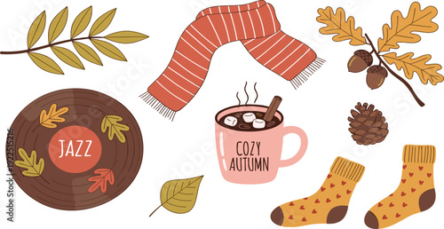 Cozy Autumn Lifestyle Vector Set with Hot Chocolate Mug Scarf Warm Socks Jazz Vinyl Record and Acorns Isolated on White Background