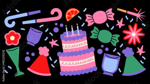 Happy Birthday sticker set in retro 90s cartoon style. Groovy shapes, cute animals, cakes and sweets. Bright playful vector patches for party decor.