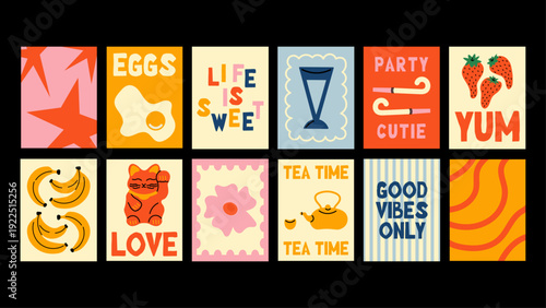 Abstract minimalist posters with cartoon Matisse-style motifs. Flowers, cocktails, food, Italy, Japan and fruits. Trendy wall decor.