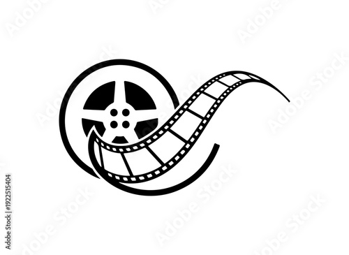 Film reel with flowing movie strip in cinematic style