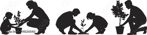Parent and child gardening silhouettes, family planting tree and caring for plants isolated on white background, nature concept