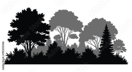 A dark forest scene with layered trees depicted as a silhouette