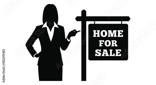 Real estate agent presenting a home for sale sign silhouette