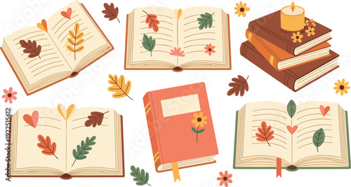 Cozy Autumn Reading Vector Set with Open Books Autumn Leaves Candle and Hardcover Book with Flowers Isolated on White Background