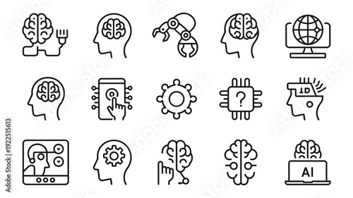AI and Brain Icons: A comprehensive array of minimalist icons showcases the symbiosis of artificial intelligence and human intellect, representing various facets of technology, innovation.