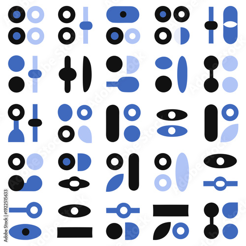 Abstract geometric shapes arrayed in a diverse grid, embodying a visual concept of modern design and minimalist aesthetics through a harmonious interplay of blue and black 