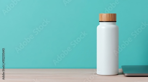 Summer for digital nomads, A sleek white reusable water bottle with a wooden cap stands on a light wooden surface against a turquoise background, next to a closed smartphone.