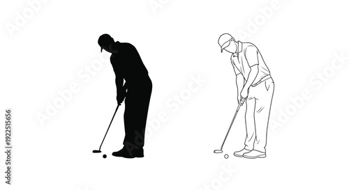Golfer preparing to putt shown in contrasting styles a silhouette