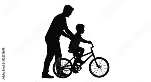 Father helping son learn to ride a bicycle black silhouette