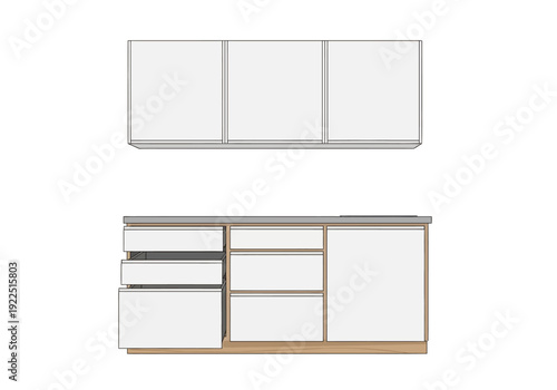 Elevation view of white and wood kitchen cabinets and wall units