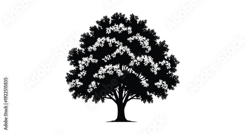 A detailed black tree with lush foliage depicted as a silhouette