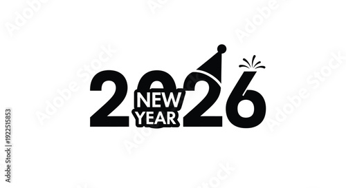 Bold new year 2026 typography with celebratory hat a dark silhouette