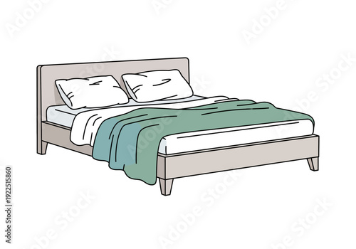Illustration of a double bed with a light bluegreen blanket and two white pillows