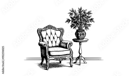 Vintage Interior Engraving Sketch Chair Table and Flowerpot Vector Art